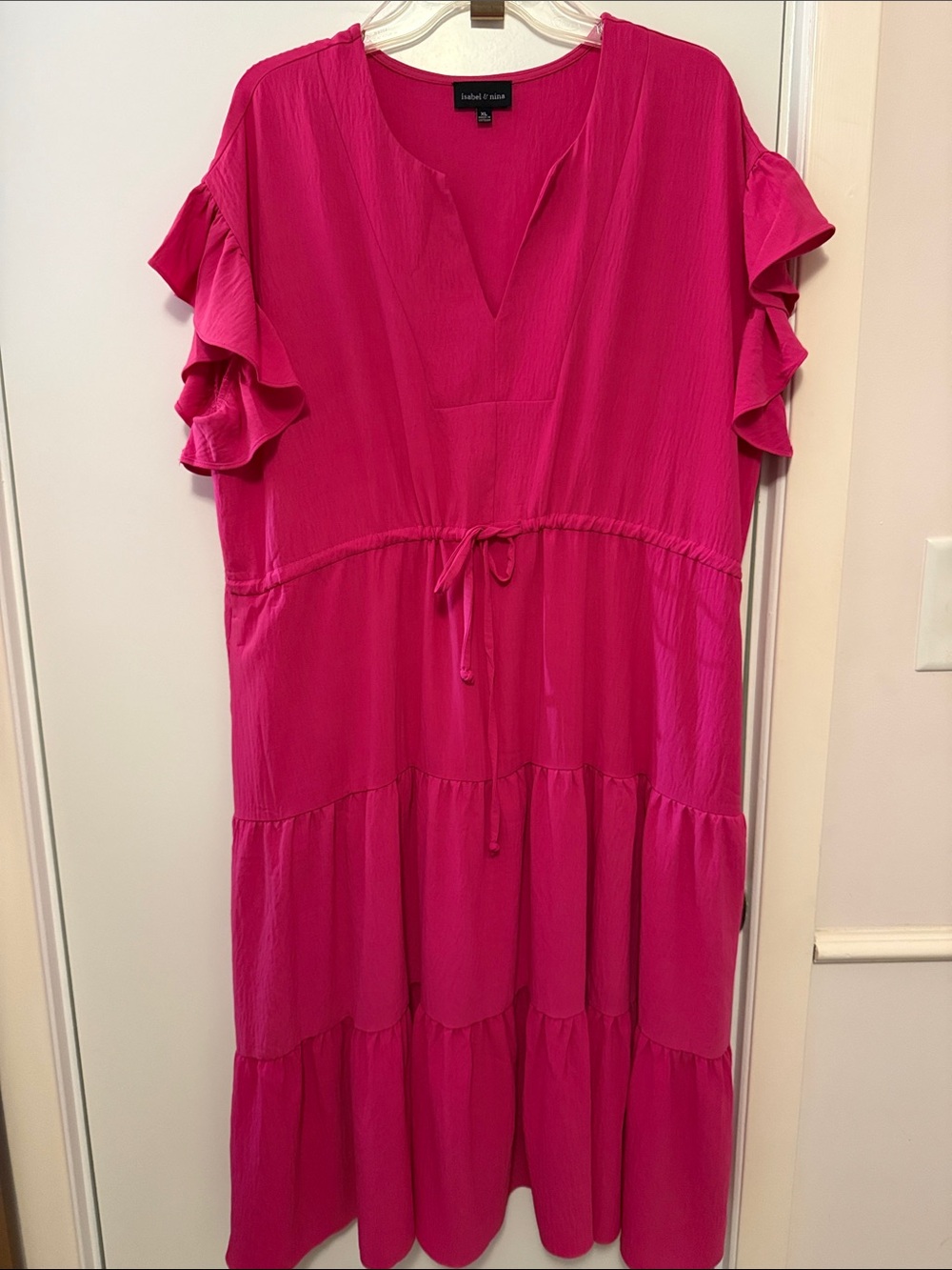Women's Midi Tiered Ruffle-Sleeve Dress in Bright Fuchsia